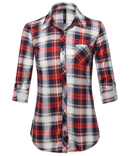 Women's Casual Lightweight Roll Up Long Sleeve Plaid Button Down Shirts