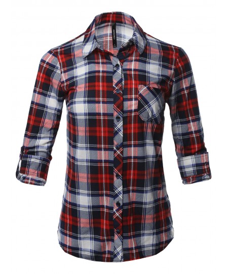 Women's Casual Lightweight Roll Up Long Sleeve Plaid Button Down Shirts