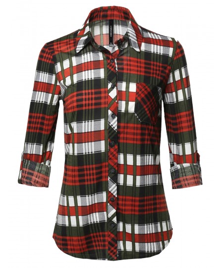 Women's Casual Lightweight Roll Up Long Sleeve Plaid Button Down Shirts