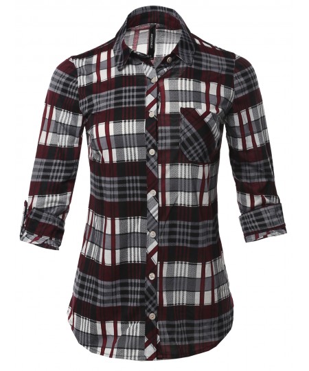 Women's Casual Lightweight Roll Up Long Sleeve Plaid Button Down Shirts