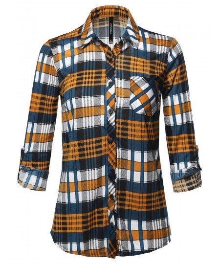 Women's Casual Lightweight Roll Up Long Sleeve Plaid Button Down Shirts