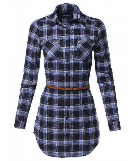 Women's Casual Adjustable Sleeve Button Down Flannel Plaid Tunic Shirts with Belt