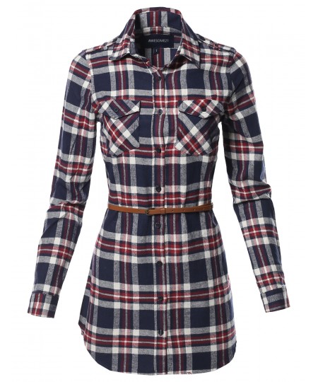 Women's Casual Adjustable Sleeve Button Down Flannel Plaid Tunic Shirts with Belt