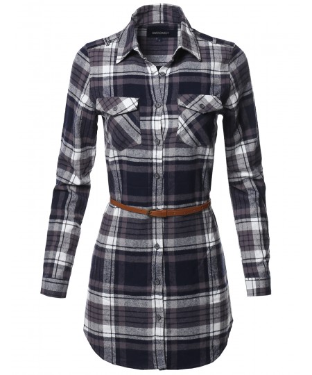Women's Casual Adjustable Sleeve Button Down Flannel Plaid Tunic Shirts with Belt