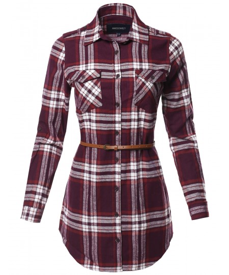 Women's Casual Adjustable Sleeve Button Down Flannel Plaid Tunic Shirts with Belt