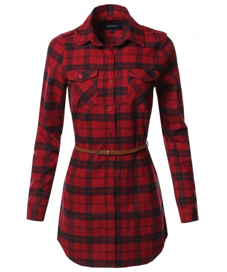 Women's Casual Adjustable Sleeve Button Down Flannel Plaid Tunic Shirts with Belt