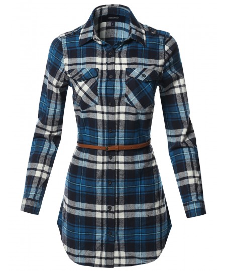 Women's Casual Adjustable Sleeve Button Down Flannel Plaid Tunic Shirts with Belt