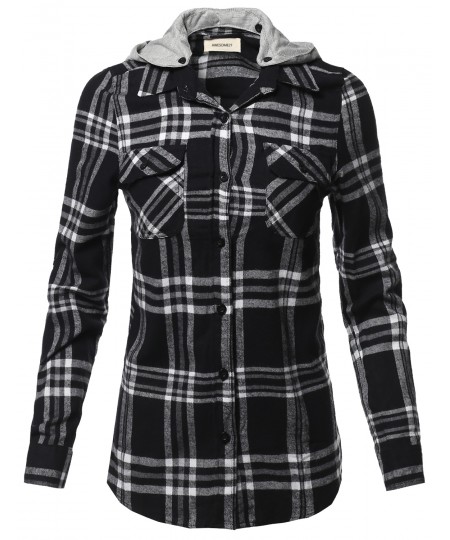 Women's Casual Flannel Roll-Up Sleeve Button-Down Shirts with Hoodie