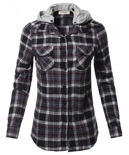 Women's Casual Flannel Roll-Up Sleeve Button-Down Shirts with Hoodie