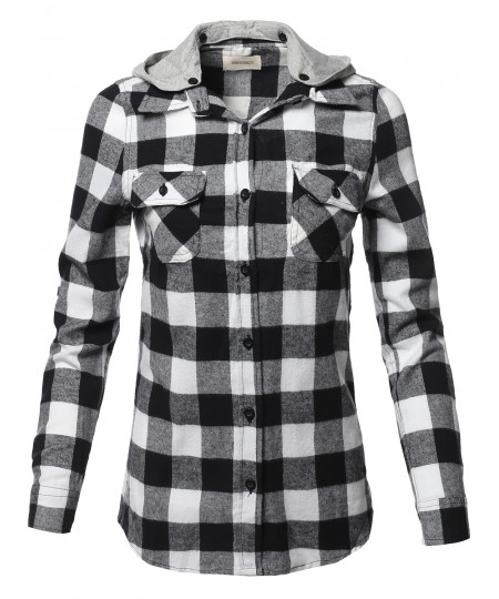 Women's Casual Flannel Roll-Up Sleeve Button-Down Shirts with Hoodie