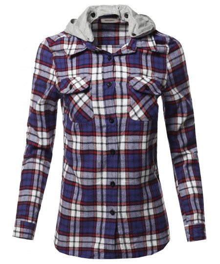 Women's Casual Flannel Roll-Up Sleeve Button-Down Shirts with Hoodie