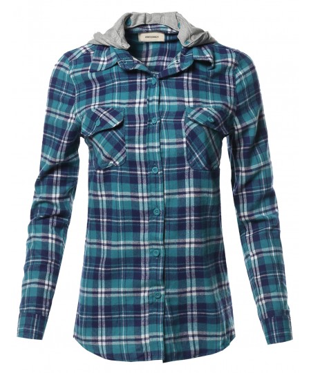Women's Casual Flannel Roll-Up Sleeve Button-Down Shirts with Hoodie