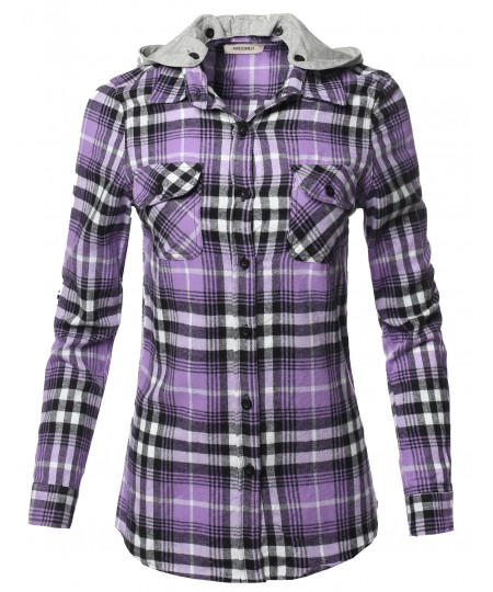 Women's Casual Flannel Roll-Up Sleeve Button-Down Shirts with Hoodie