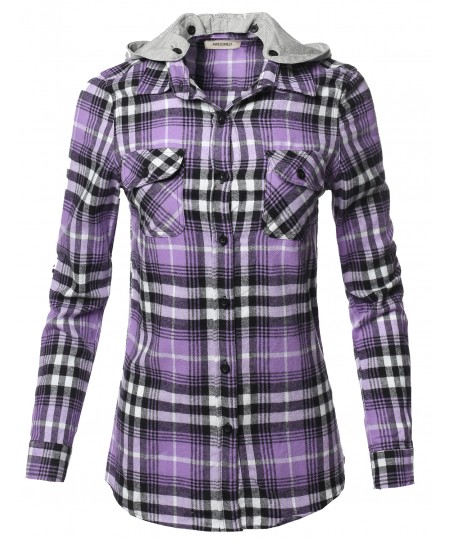 Women's Casual Flannel Roll-Up Sleeve Button-Down Shirts with Hoodie