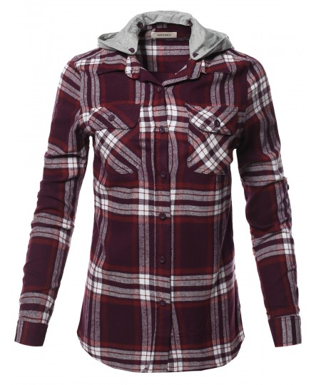 Women's Casual Flannel Roll-Up Sleeve Button-Down Shirts with Hoodie