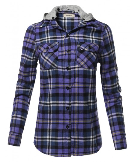 Women's Casual Flannel Roll-Up Sleeve Button-Down Shirts with Hoodie