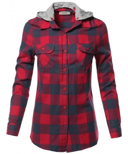 Women's Casual Flannel Roll-Up Sleeve Button-Down Shirts with Hoodie