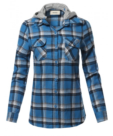 Women's Casual Flannel Roll-Up Sleeve Button-Down Shirts with Hoodie