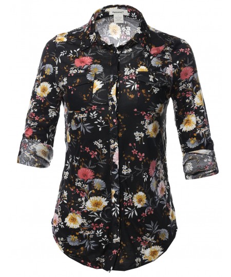 Women's Casual Floral Print Roll Up Sleeves Button Down Shirt Top