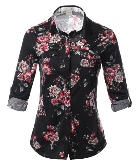 Women's Casual Floral Print Roll Up Sleeves Button Down Shirt Top