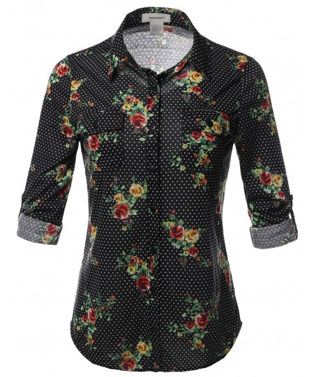 Women's Casual Floral Print Roll Up Sleeves Button Down Shirt Top