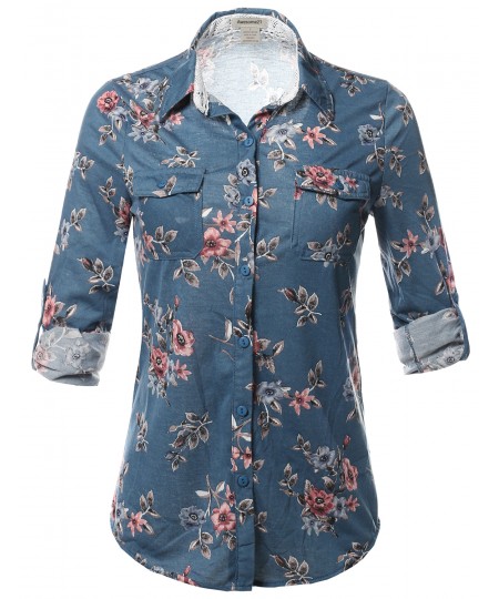 Women's Casual Floral Print Roll Up Sleeves Button Down Shirt Top