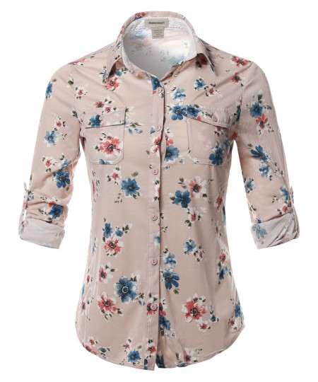 Women's Casual Floral Print Roll Up Sleeves Button Down Shirt Top