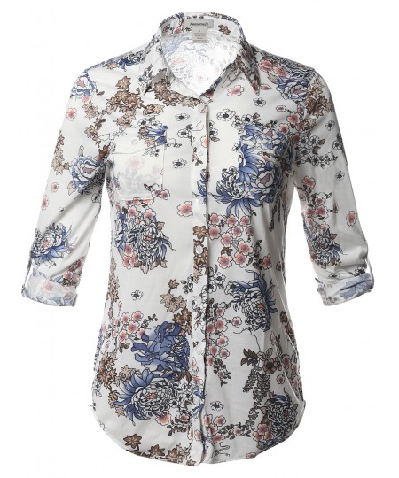 Women's Casual Floral Print Roll Up Sleeves Button Down Shirt Top