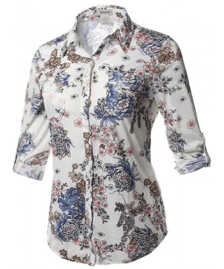 Women's Casual Floral Print Roll Up Sleeves Button Down Shirt Top