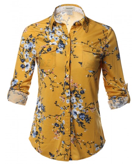 Women's Casual Floral Print Roll Up Sleeves Button Down Shirt Top