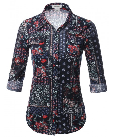 Women's Casual Floral Print Roll Up Sleeves Button Down Shirt Top