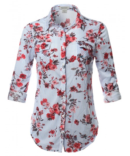 Women's Casual Floral Print Roll Up Sleeves Button Down Shirt Top