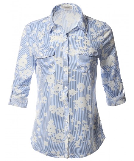 Women's Casual Floral Print Roll Up Sleeves Button Down Shirt Top