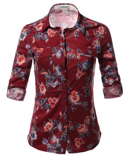 Women's Casual Floral Print Roll Up Sleeves Button Down Shirt Top