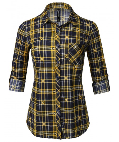 Women's Casual Lightweight Roll Up Long Sleeve Button Down Plaid Shirt