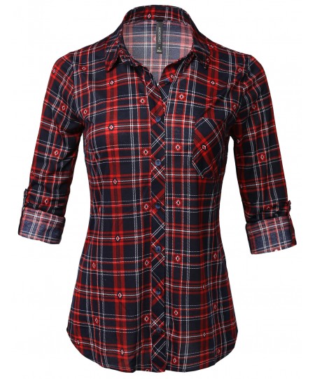 Women's Casual Lightweight Roll Up Long Sleeve Button Down Plaid Shirt