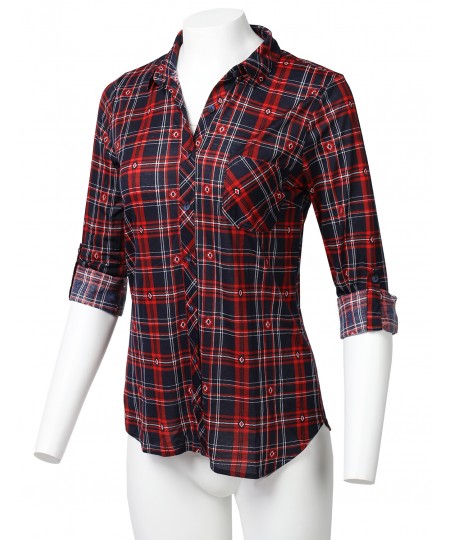 Women's Casual Lightweight Roll Up Long Sleeve Button Down Plaid Shirt