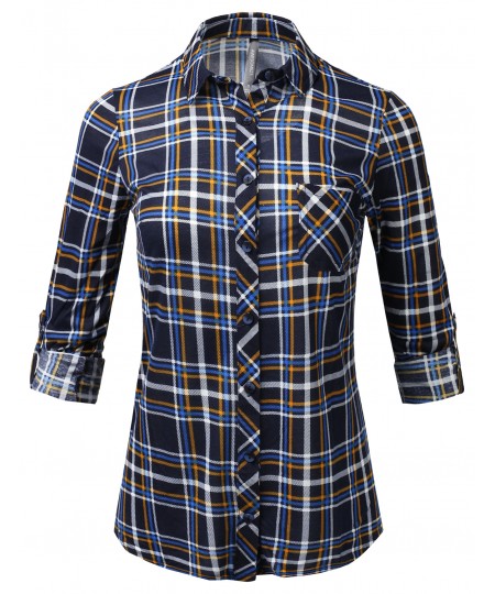 Women's Casual Lightweight Roll Up Long Sleeve Checker Button Down Shirt