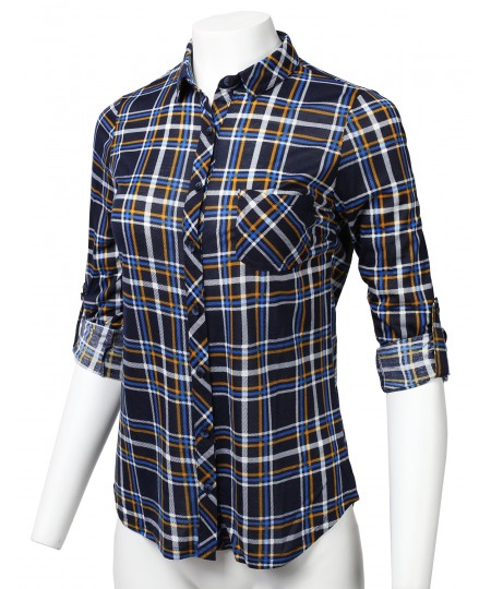 Women's Casual Lightweight Roll Up Long Sleeve Checker Button Down Shirt