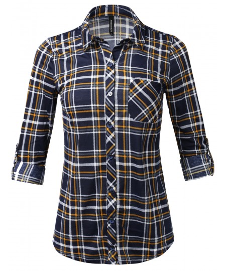 Women's Casual Lightweight Roll Up Long Sleeve Checker Button Down Shirt