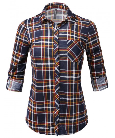 Women's Casual Lightweight Roll Up Long Sleeve Checker Button Down Shirt