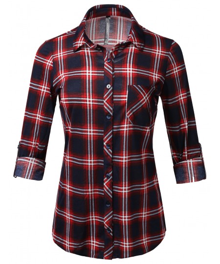 Women's Casual Lightweight Roll Up Sleeve Plaid Button Down Shirt