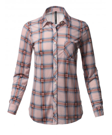 Women's Casual Lightweight Roll Up Sleeve Plaid Button Down Shirt