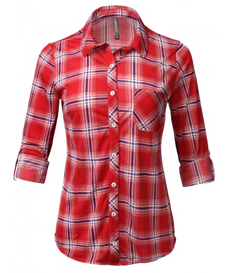 Women's Casual Lightweight Roll Up Sleeve Plaid Button Down Shirt