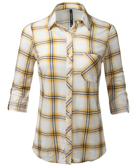 Women's Casual Lightweight Roll Up Sleeve Plaid Button Down Shirt