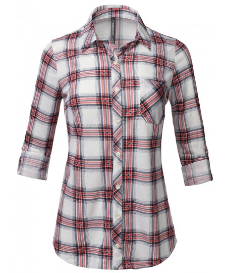 Women's Casual Lightweight Roll Up Sleeve Plaid Button Down Shirt