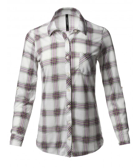 Women's Casual Lightweight Roll Up Sleeve Plaid Button Down Shirt