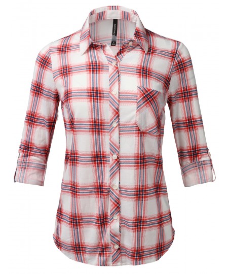 Women's Casual Lightweight Roll Up Sleeve Plaid Button Down Shirt