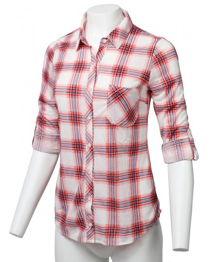 Women's Casual Lightweight Roll Up Sleeve Plaid Button Down Shirt