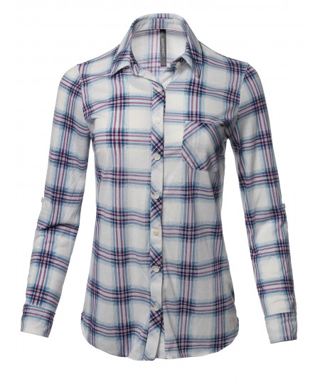 Women's Casual Lightweight Roll Up Sleeve Plaid Button Down Shirt